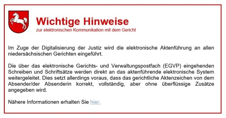 Wichtige Hinweise zum elektronischen Rechtsverkehr (Aktenzeichen)